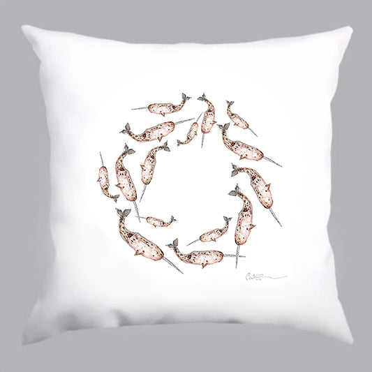 coussin blanc, coussin blanc avec illustration narvals en cercle, white pillow with narwhals in a circle, home decoration, décoration maison, À Marée Basse